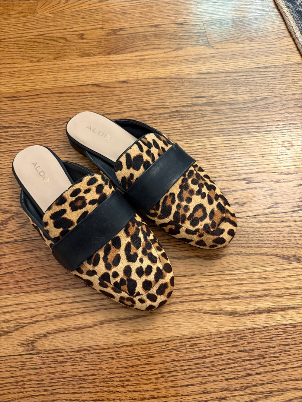 Aldo Pony Hair Leopard-Print Slip-On Mules with Black Band, size 6.5